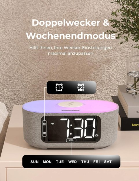 Radiobudzik Rafio FM Budzik Zegar Ładowarka Indukcyjna QI Lampka Nocna RGB