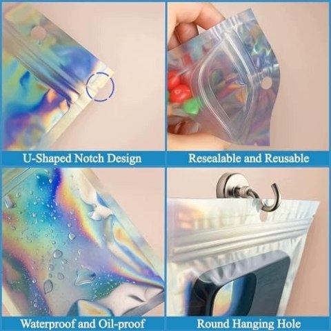 100 SZT HOLOGRAFICZNYCH TOREBEK MYLAR Z PRZEZROCZYSTYM OKIENKIEM DO KUCHNI