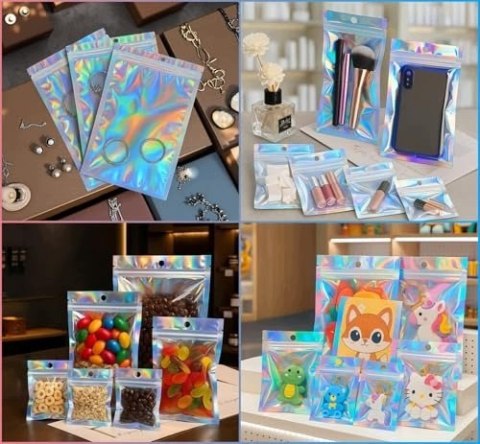 100 SZT HOLOGRAFICZNYCH TOREBEK MYLAR Z PRZEZROCZYSTYM OKIENKIEM DO KUCHNI